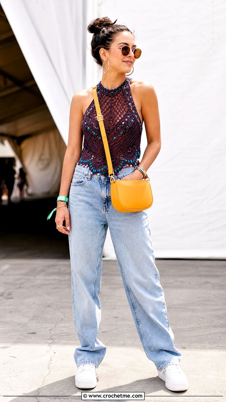 Beaded Crochet Top With Relaxed Jeans - 35 crochet festival top outfit ideas