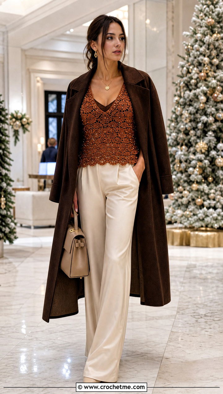 Beaded Crochet Top With Satin Pants - 35 winter crochet top outfit ideas