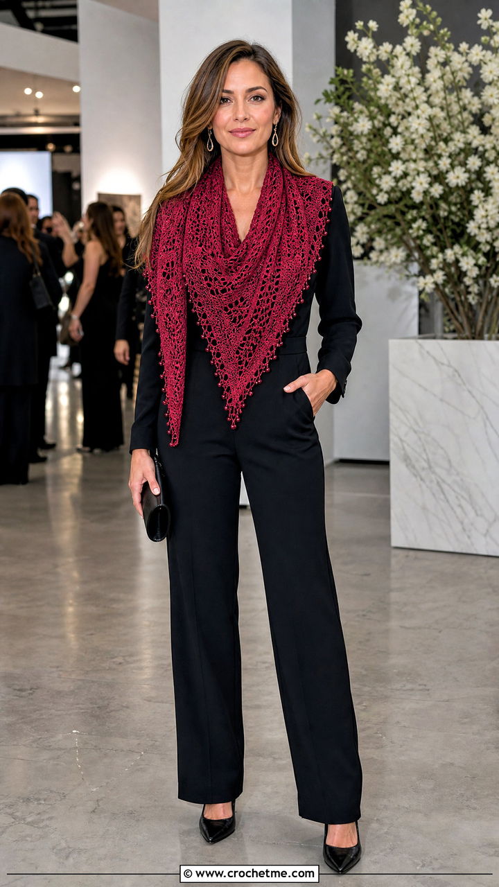 Beaded Crochet Triangle Scarf With Black Jumpsuit And Heels - 35 crochet triangle scarf outfit ideas