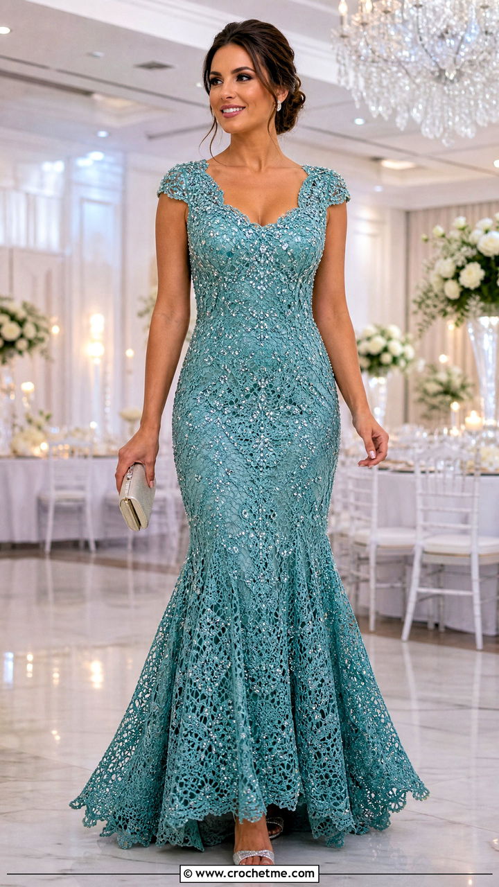 Beaded Crochet Trumpet Dress With Crystal Sandals - 35 crochet wedding dress outfit ideas
