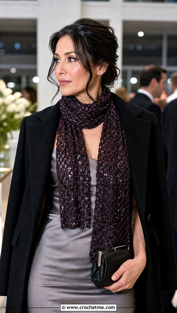 Beaded Crochet Tube Scarf With Satin Dress - 20 Crochet Tube Scarf outfit ideas