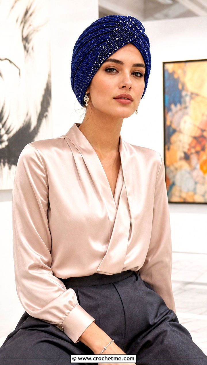 Beaded Crochet Turban Hat With Silk Blouse And Palazzo Pants - 35 crochet turban hat outfit ideas