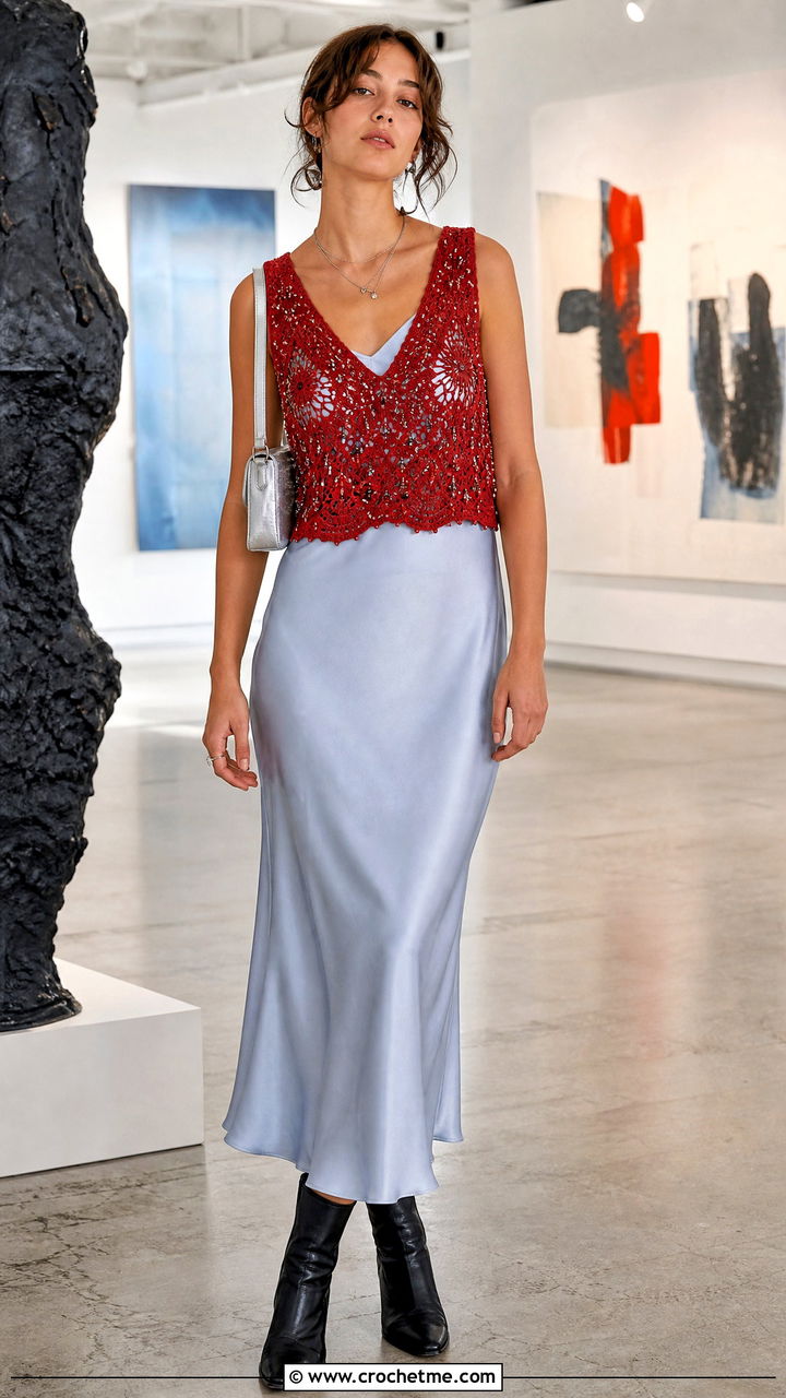Beaded Crochet V Neck Top With Slip Dress - 35 Crochet Top With Beads outfit ideas
