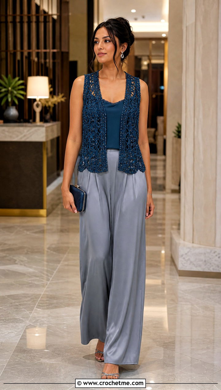 Beaded Crochet Waistcoat With Satin Trousers - 35 crochet waist coat outfit ideas