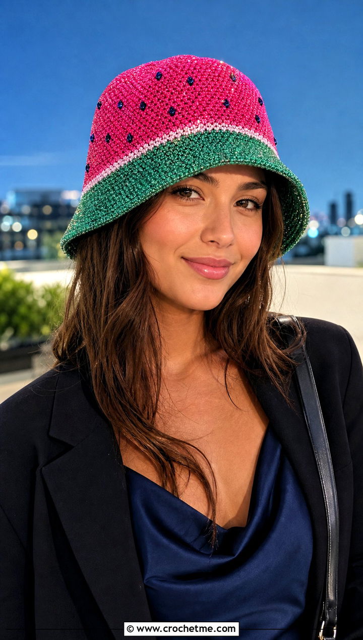 Beaded Crochet Watermelon Bucket Hat With Camisole And Tailored Pants - 30 crochet watermelon bucket hat outfit ideas