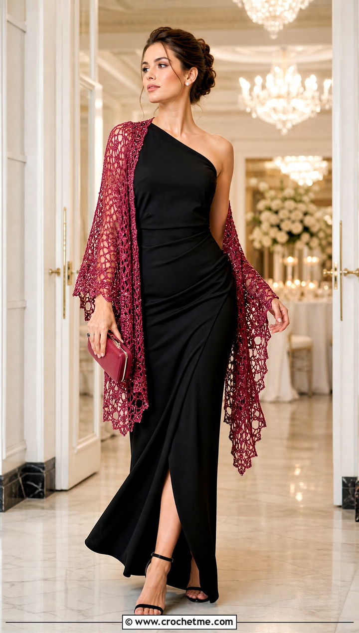 Beaded Crochet Wedding Shawl With One Shoulder Gown - 35 crochet wedding shawl outfit ideas