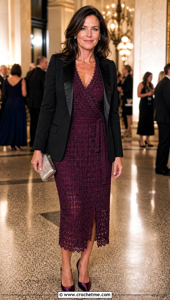 Beaded Crochet Wrap Dress With Tuxedo Blazer - 35 crochet wrap dress outfit ideas