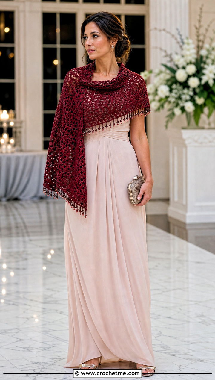 Beaded Crochet Wrap Shawl With Maxi Dress - 35 crochet wrap shawl outfit ideas