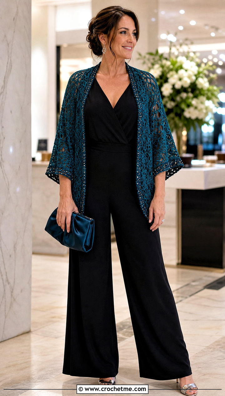 Beaded Crochet Wrap Shrug With Evening Jumpsuit - 35 Crochet Wrap Shrug outfit ideas