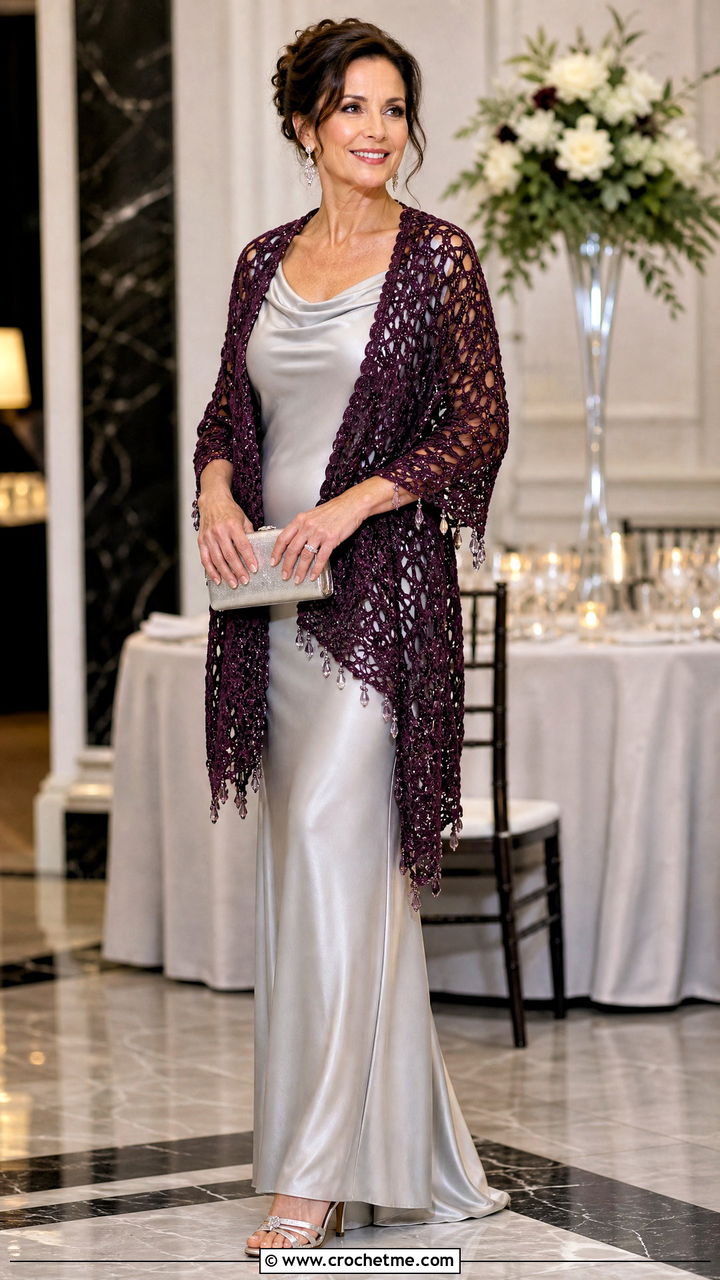 Beaded Crochet Wrap With Evening Gown - 35 crochet wrap outfit ideas