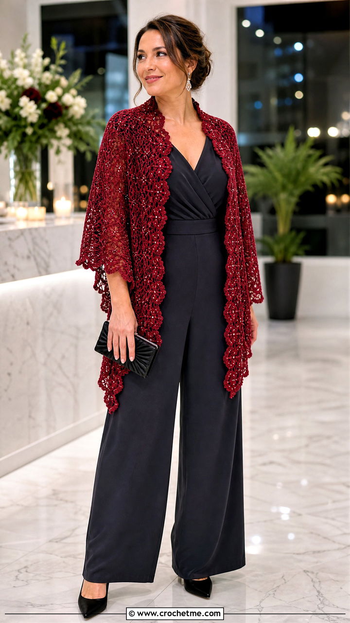 Beaded Crochet Wrap With Evening Jumpsuit - 35 crochet shawls and wraps outfit ideas