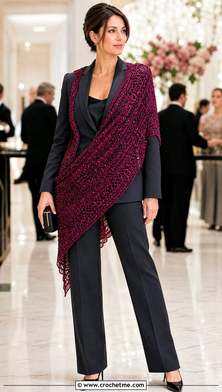Beaded Crochet Wrap With Tailored Suit - 30 crochet shawl wraps outfit ideas