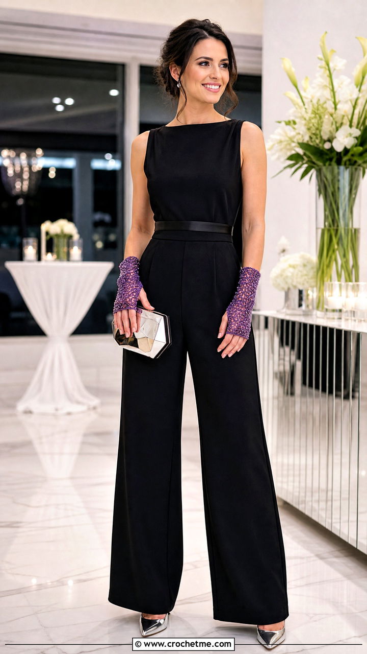 Beaded Crochet Wrist Warmers With Evening Jumpsuit - 35 crochet hand warmers outfit ideas