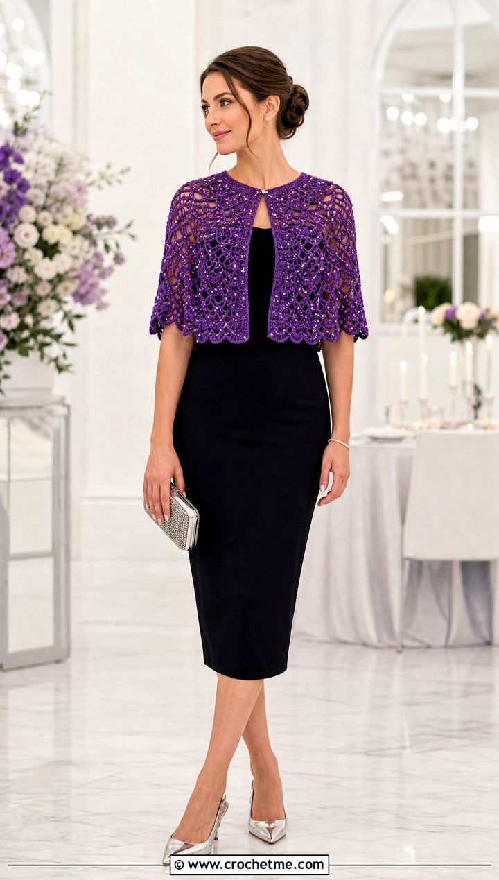 Beaded Crocheted Capelet With Minimalist Midi Dress - 25 Crocheted Capelet outfit ideas