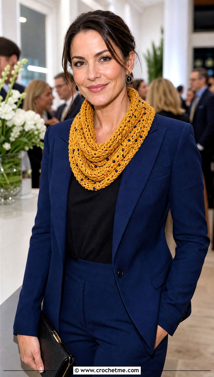 Beaded Crocheted Cowl With Pantsuit And Heels - 25 Crocheted Cowl outfit ideas