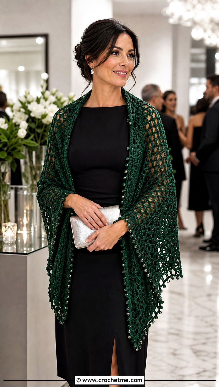 Beaded Crocheted Shawl With A Minimal Evening Outfit - 20 Crocheted Shawl outfit ideas