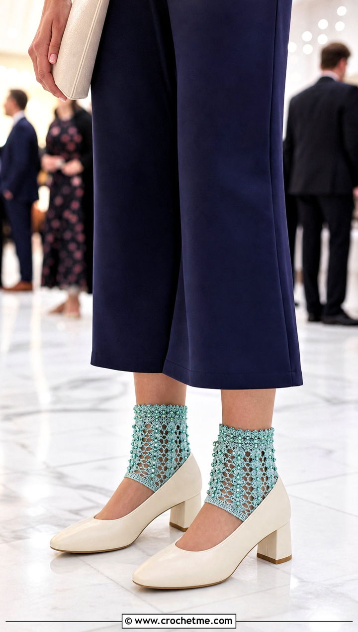 Beaded Cuff Crochet Socks With Jumpsuit - 35 easy crocheted socks outfit ideas