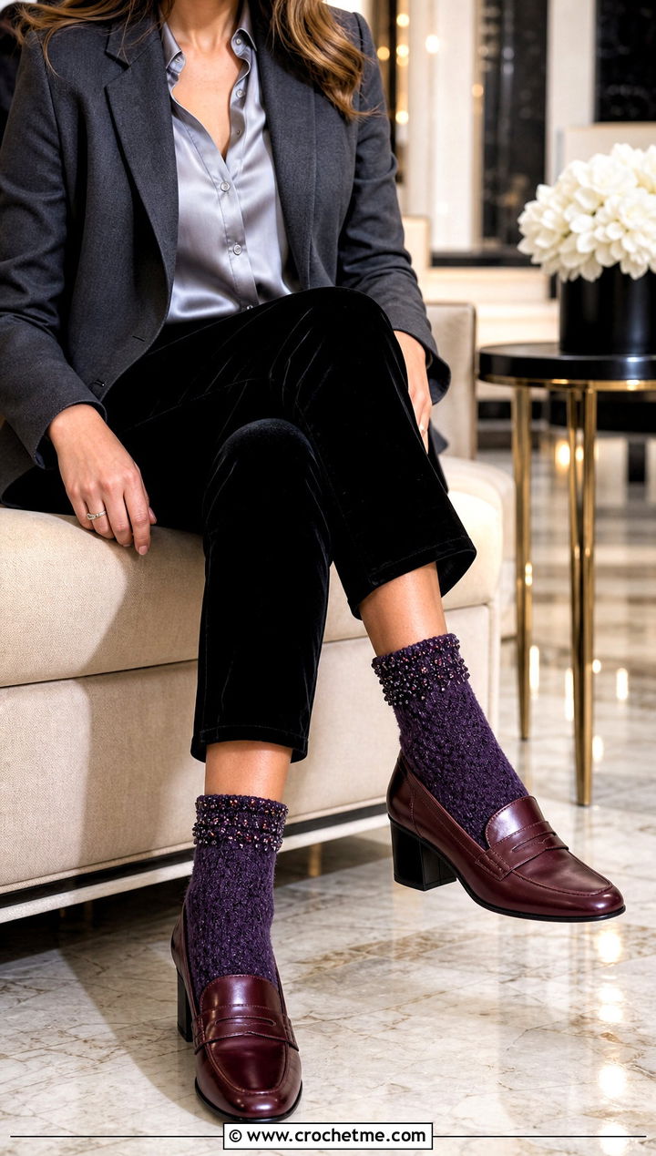Beaded Cuff Crochet Winter Socks With Velvet Trousers - 30 crochet winter socks outfit ideas