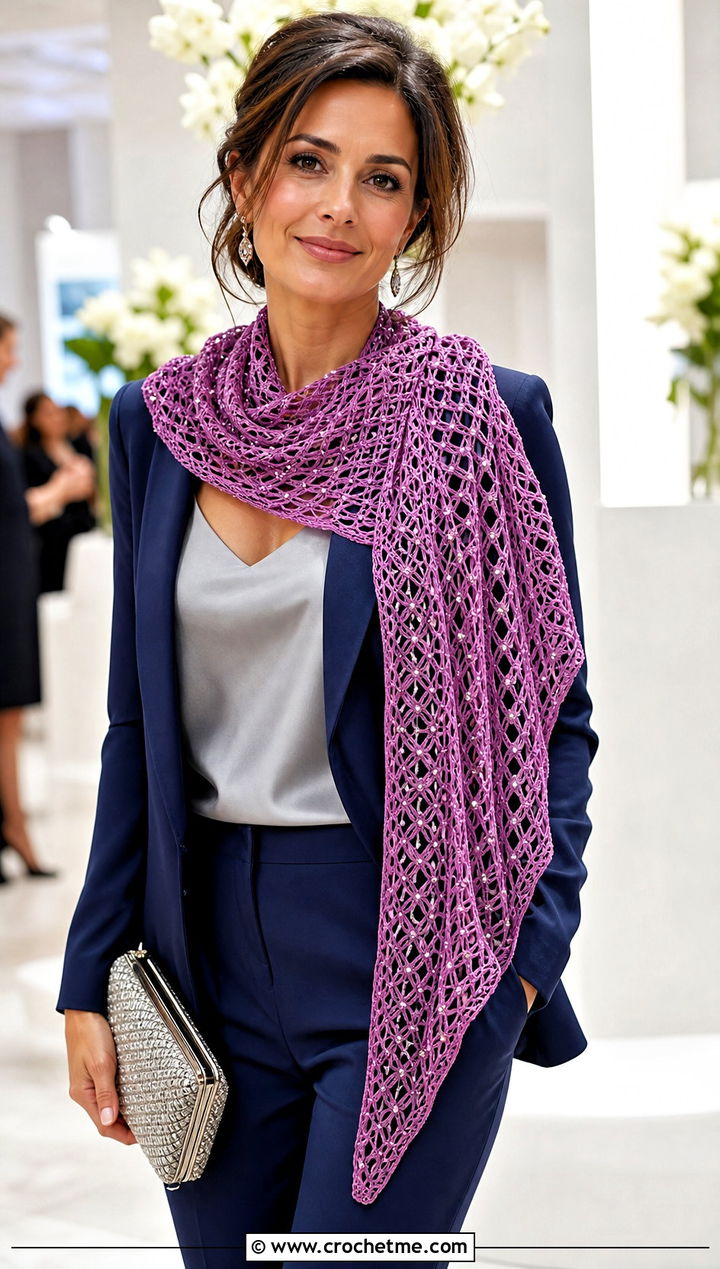 Beaded Diamond Lace Scarf With Satin Suit - 15 diamond crochet scarf outfit ideas