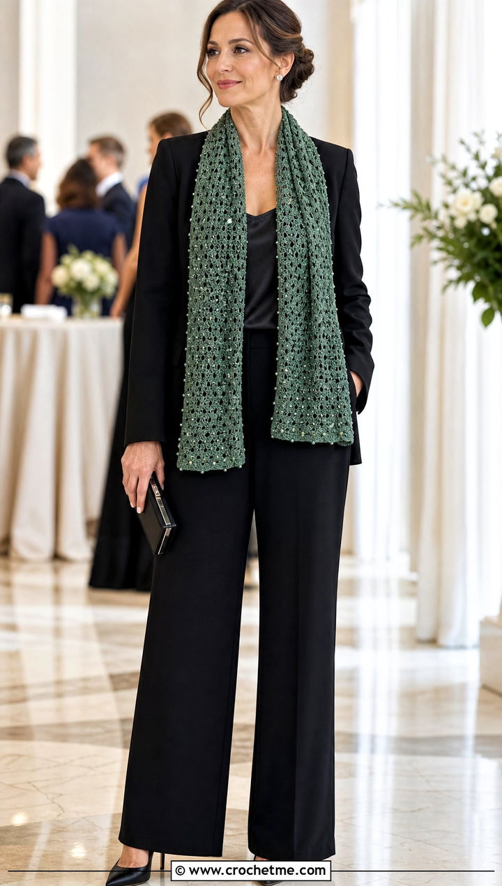 Beaded Double Crochet Scarf With Evening Suit And Heels - 35 double crochet scarf outfit ideas