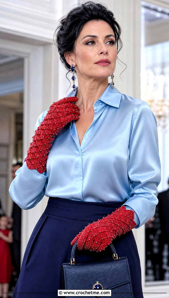 Beaded Dragon Scale Gloves With Satin Blouse - 30 dragon scale crochet gloves outfit ideas