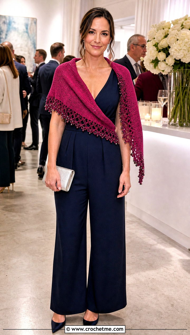 Beaded Edge Crochet Cashmere Scarf With Evening Jumpsuit - 25 crochet cashmere scarf outfit ideas