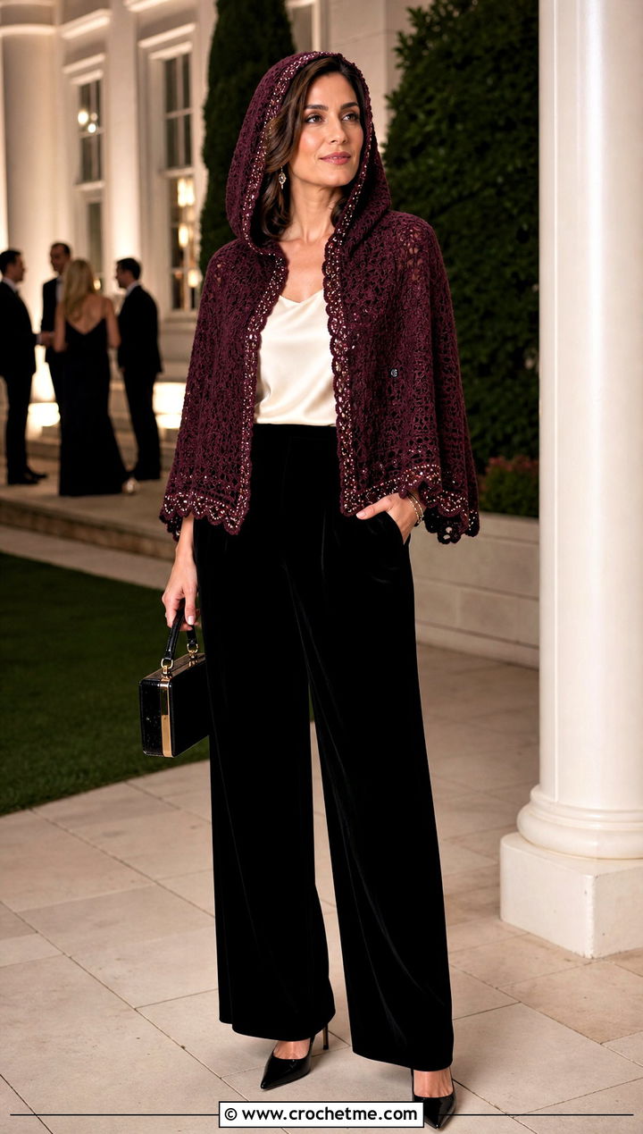 Beaded Edge Crochet Hooded Cape With Velvet Trousers - 35 crochet hooded cape outfit ideas