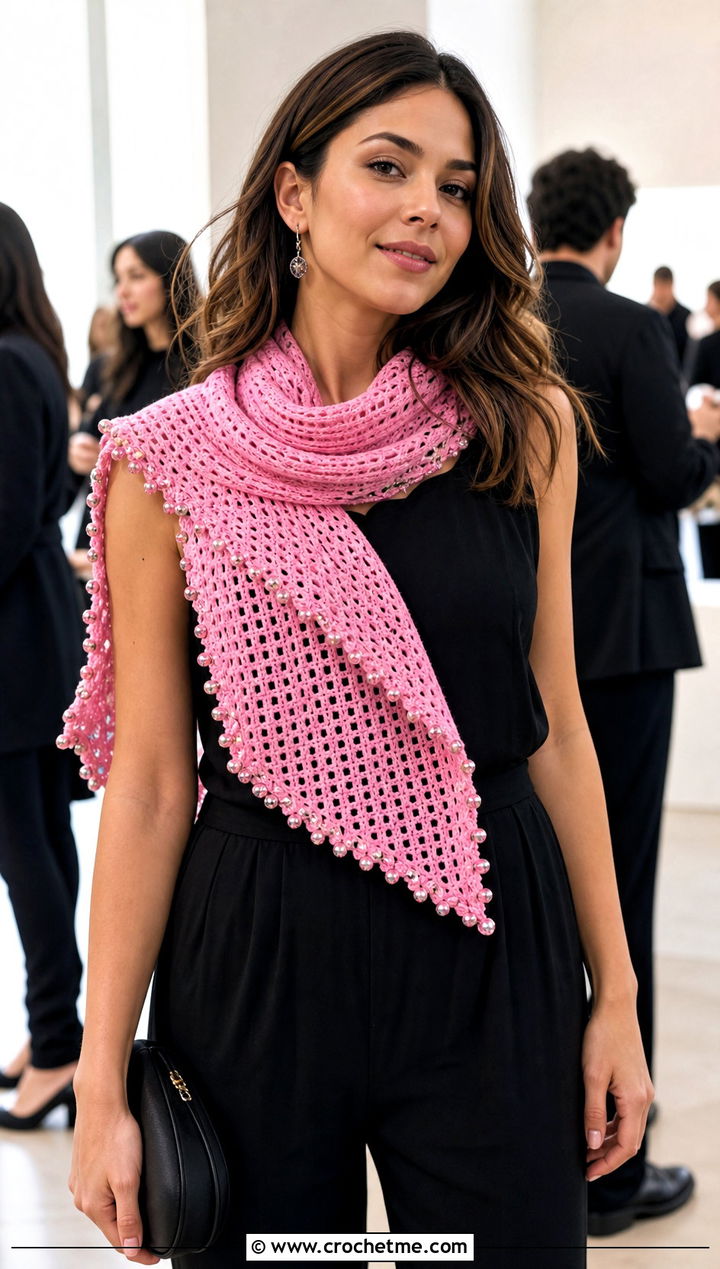 Beaded Edge Crochet Road Trip Scarf With Black Jumpsuit - 15 Crochet Road Trip Scarf outfit ideas