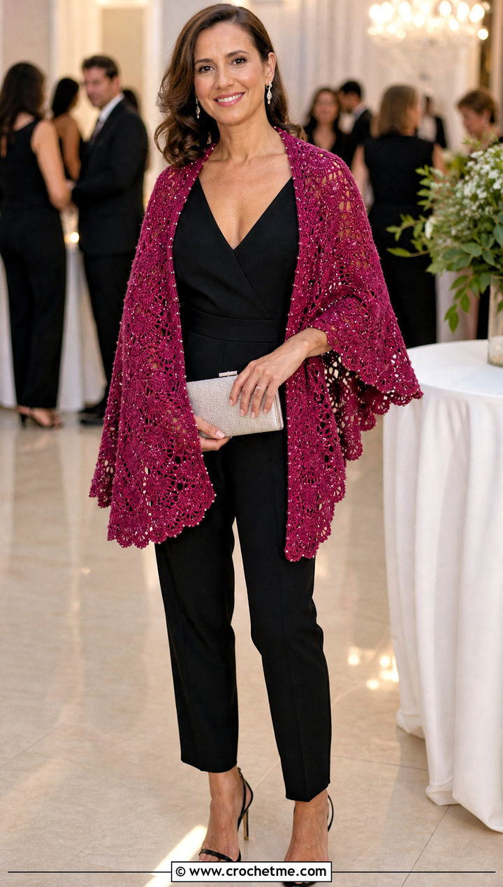 Beaded Fan Stitch DK Yarn Crochet Shawl With Jumpsuit - 25 Crochet Shawl Dk Yarn outfit ideas