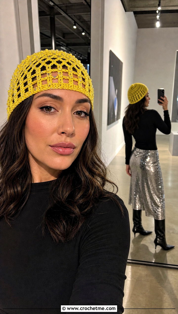 Beaded Filet Crochet Beanie With Sequin Skirt - 30 crochet lace beanie outfit ideas