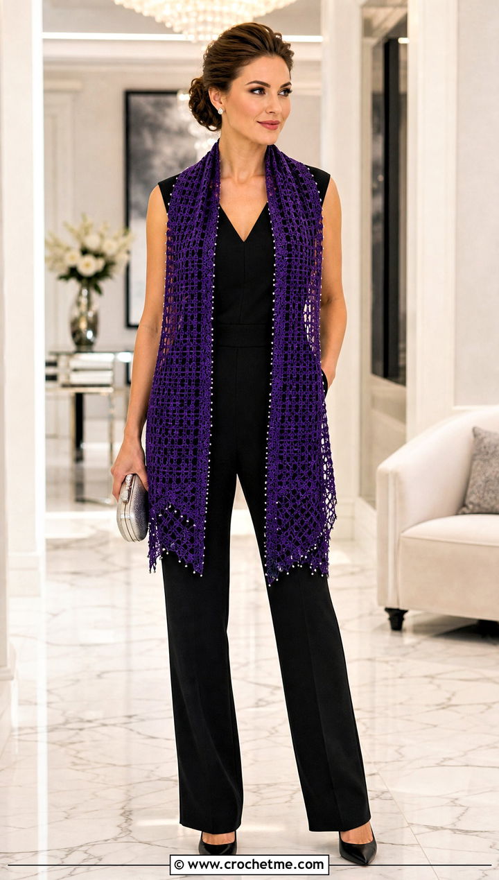 Beaded Filet Crochet Scarf With A Black Jumpsuit - 35 filet crochet scarf outfit ideas