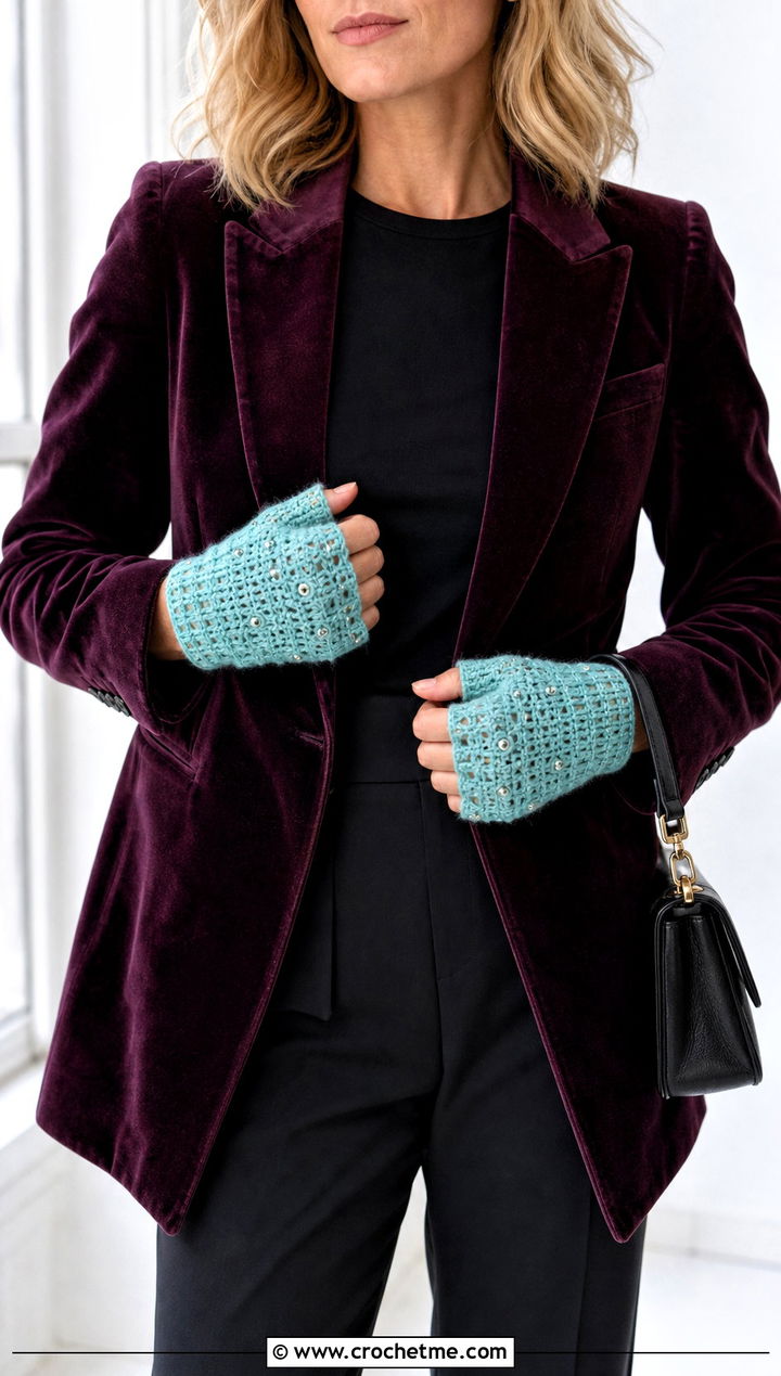 Beaded Fingerless Crochet Gloves With Velvet Blazer - 30 fingerless crochet gloves outfit ideas