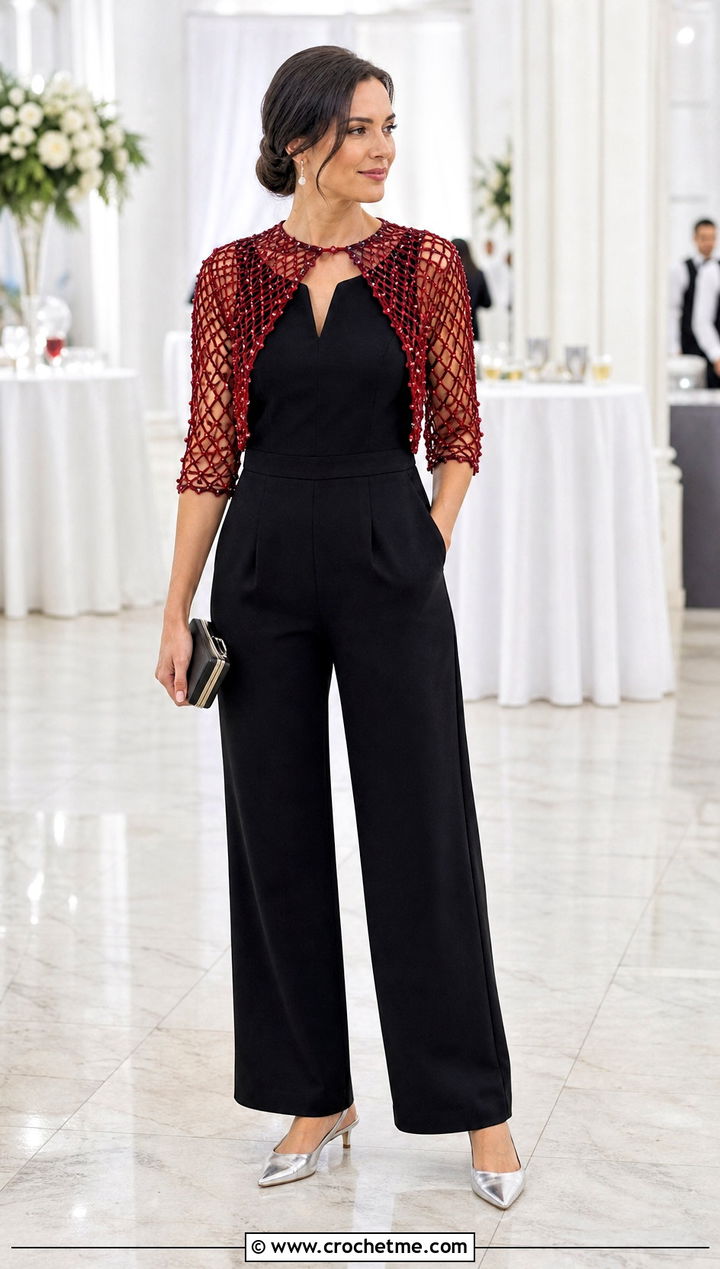 Beaded Fishnet Crochet Bolero With Tailored Jumpsuit - 25 Fishnet Crochet Bolero outfit ideas