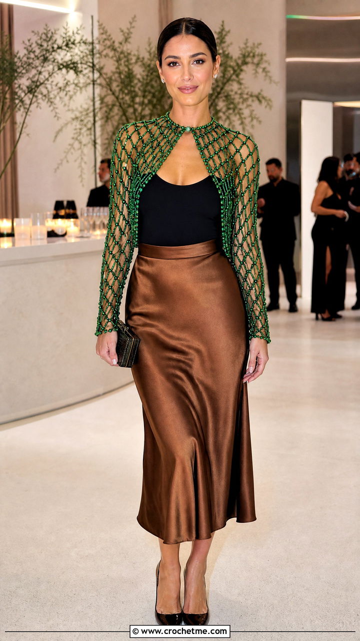 Beaded Fishnet Shrug With Satin Midi Skirt And Bodysuit - 35 crochet fishnet shrug outfit ideas