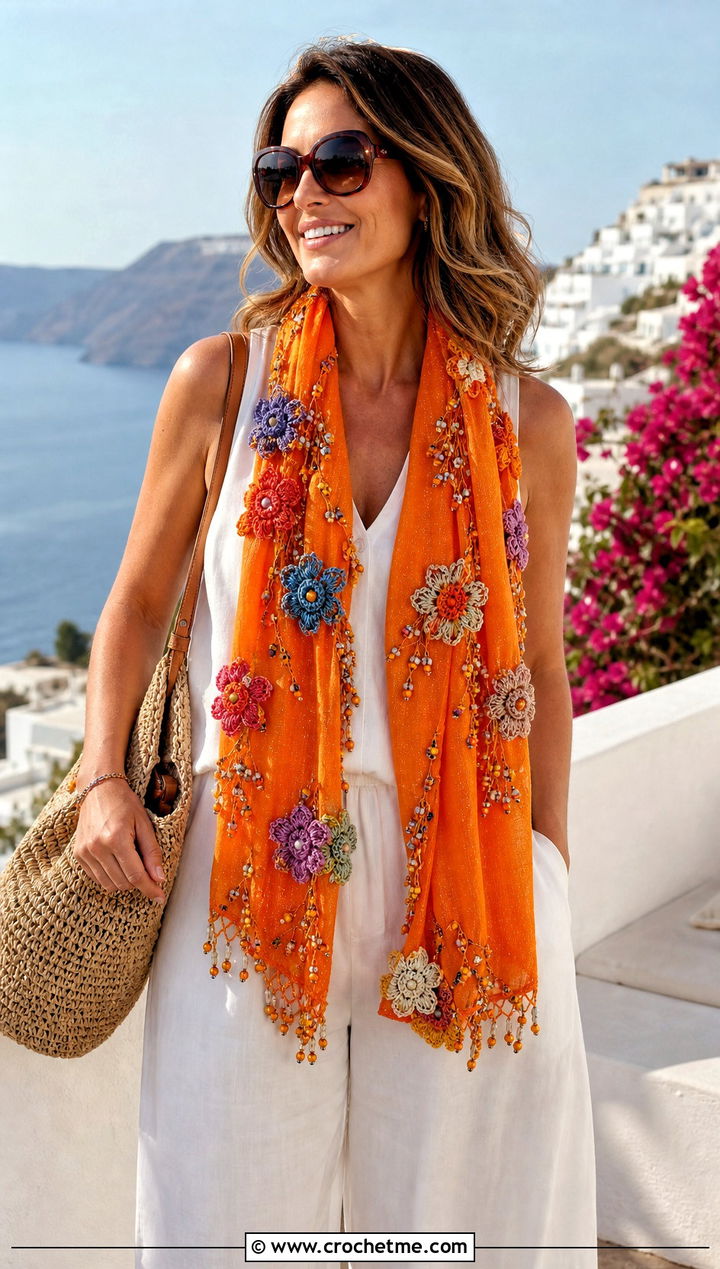 Beaded Floral Scarf With Linen Set - 30 crochet scarf with flowers outfit ideas