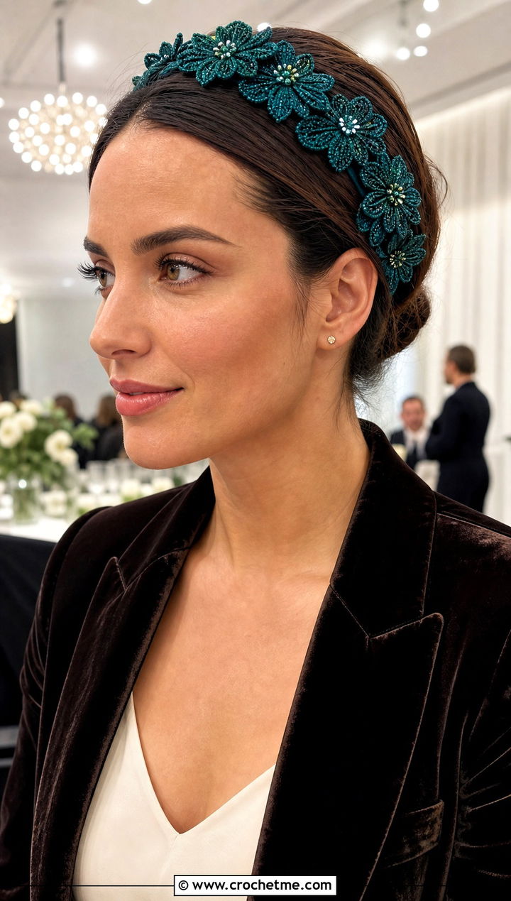 Beaded Flower Headband With Velvet Blazer And Wide Leg Pants - 30 crochet headband with flower outfit ideas