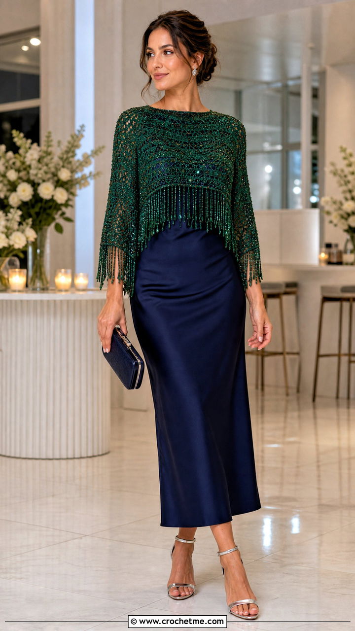 Beaded Fringe Crochet Half Sweater With Midi Dress - 35 crochet half sweater outfit ideas