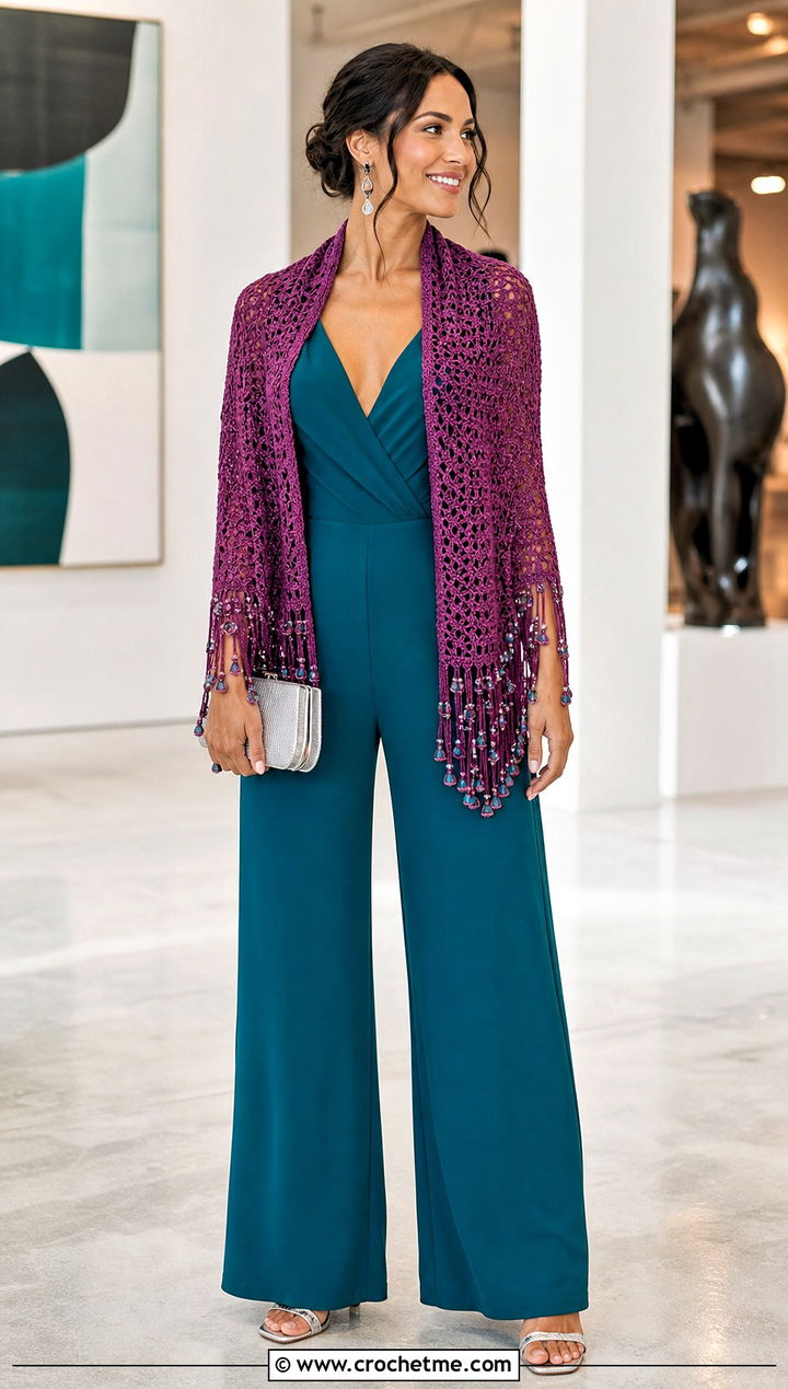 Beaded Fringe Moss Stitch Scarf With Jumpsuit And Heels - 35 crochet moss stitch scarf outfit ideas