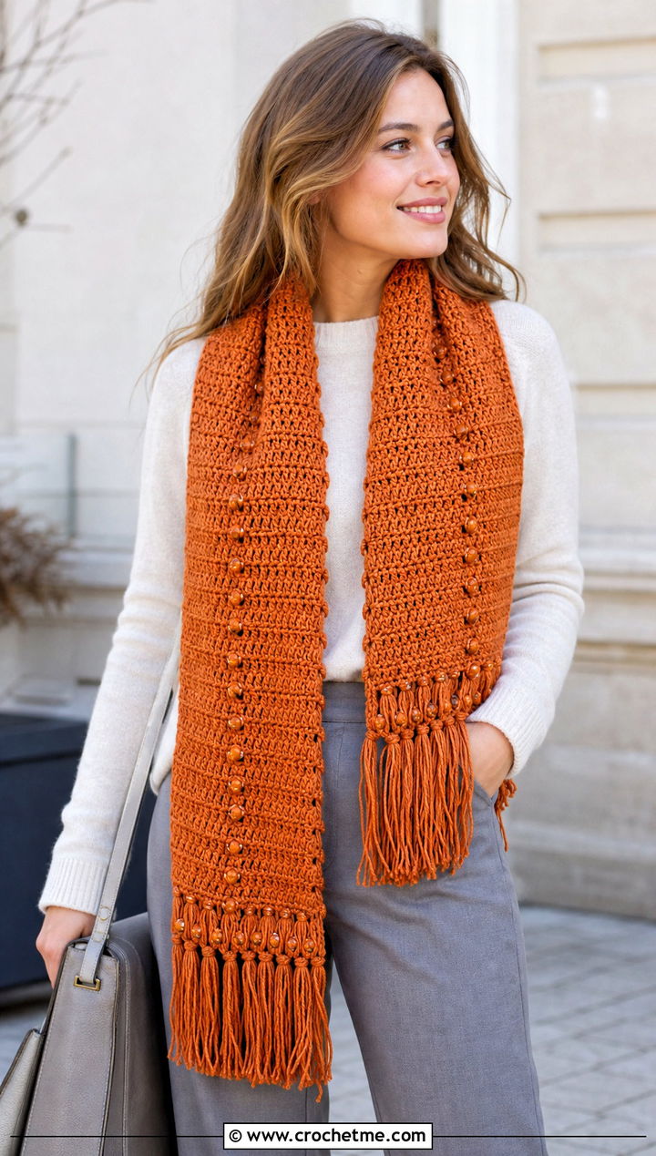 Beaded Fringe Rectangle Scarf With Sweater And Trousers - 15 beaded crochet scarf design outfit ideas