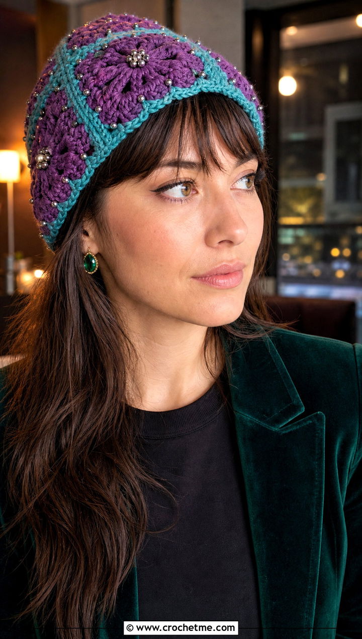 Beaded Granny Square Crochet Beanie With Velvet Blazer And Trousers - 30 granny square crochet beanie outfit ideas