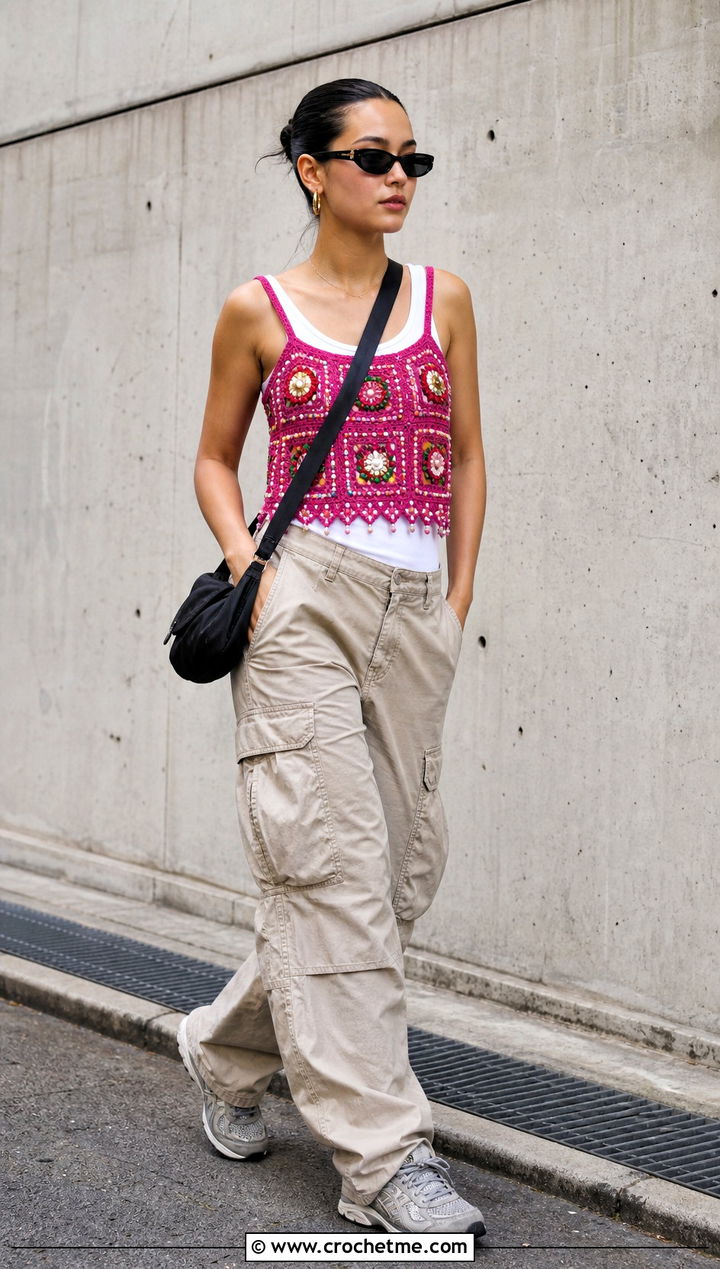Beaded Granny Square Crochet Cami With Cargo Pants - 15 crochet lace top with beads outfit ideas