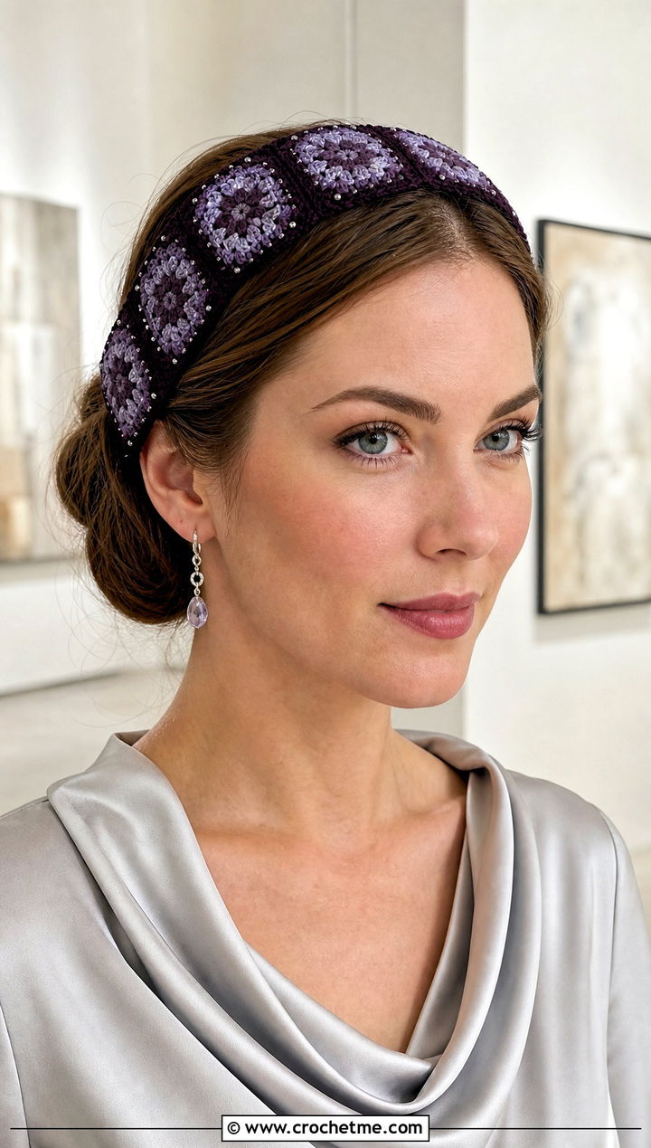 Beaded Granny Square Headband With Evening Outfit - 15 Crochet Granny Square Headband outfit ideas