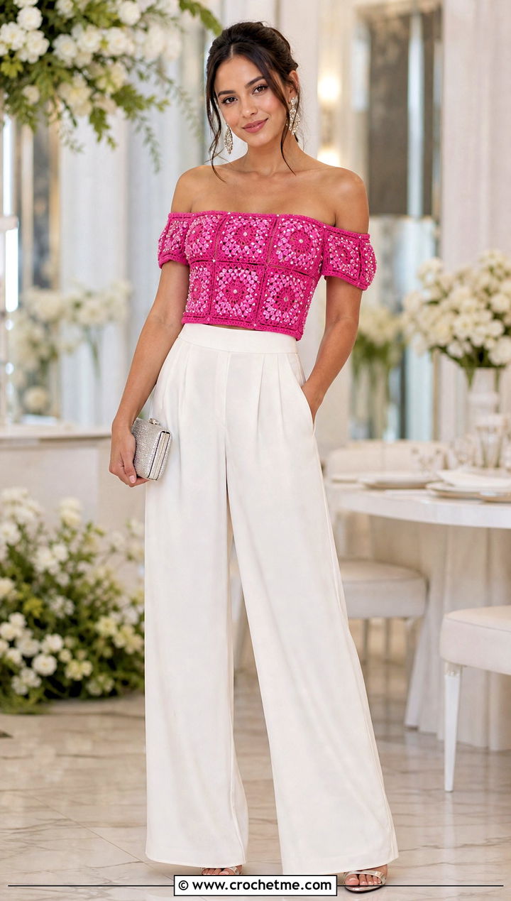 Beaded Granny Square Off The Shoulder Top With Palazzo Pants - 25 Granny Square Off The Shoulder Top outfit ideas