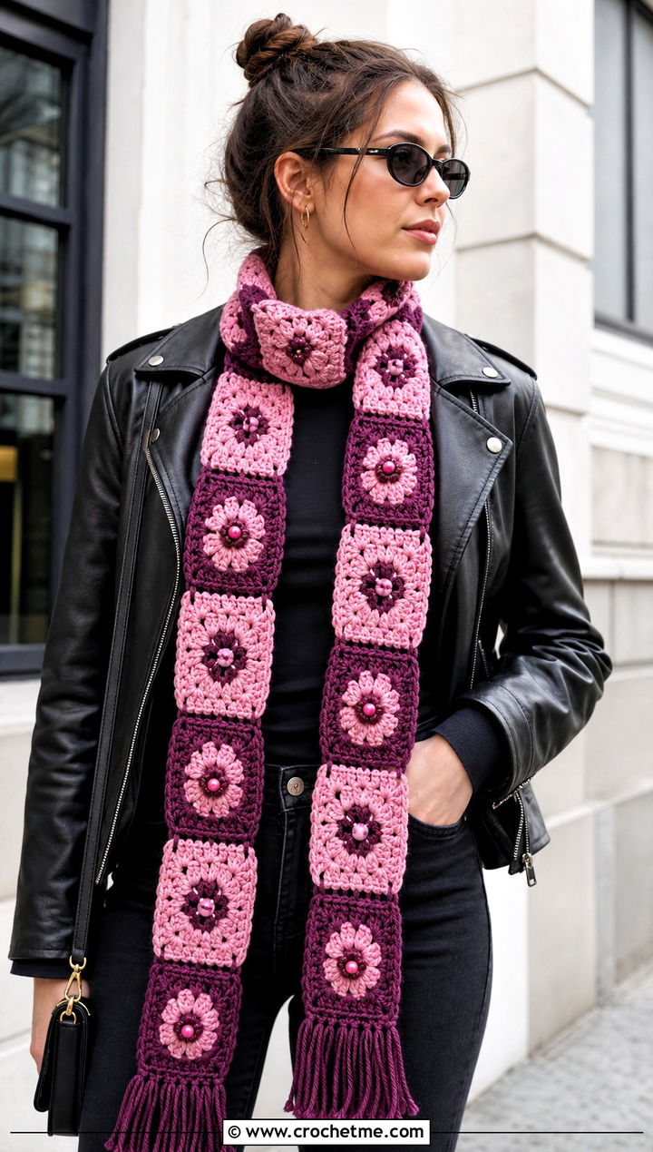 Beaded Granny Square Scarf With Leather Jacket - 15 beaded crochet scarf design outfit ideas