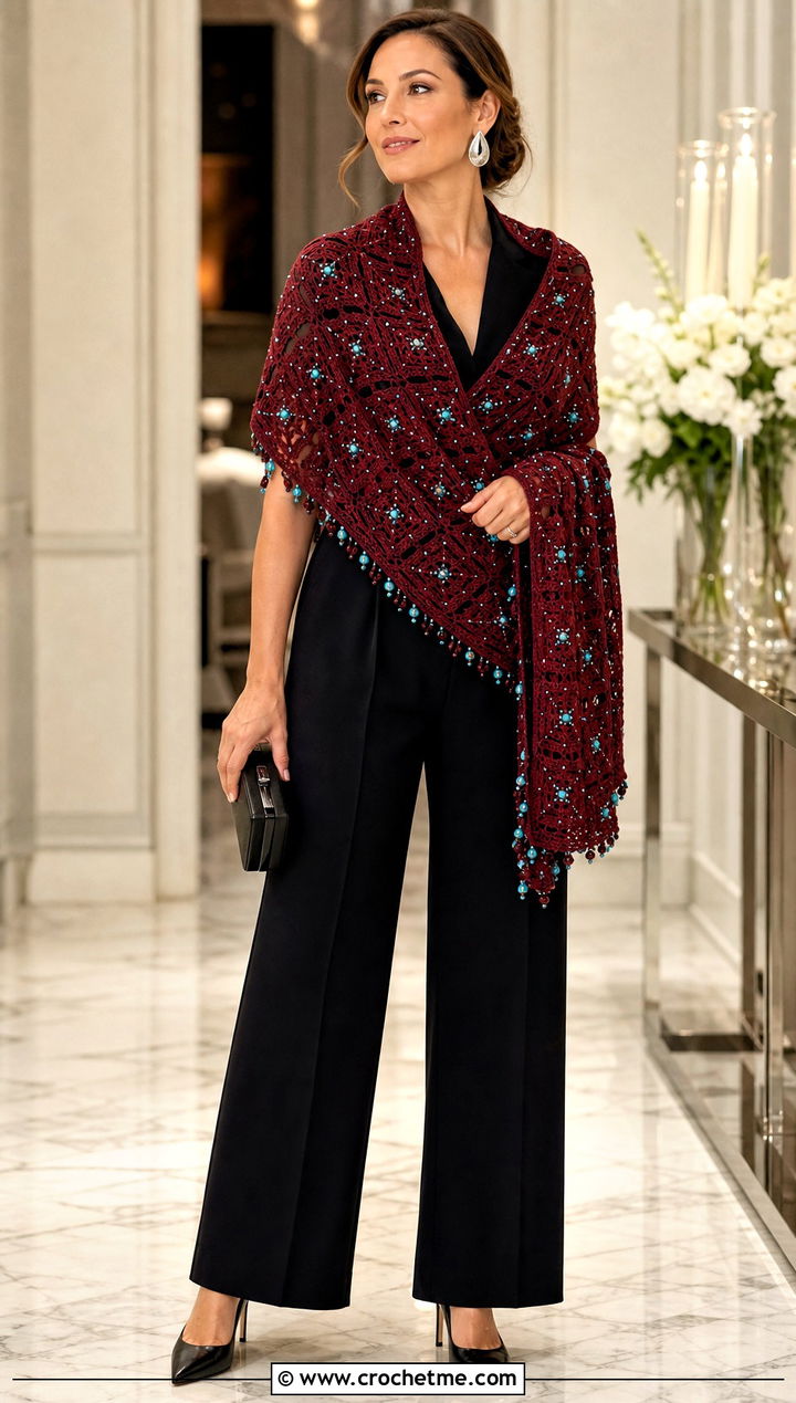 Beaded Granny Square Triangle Shawl With Evening Jumpsuit - 30 granny square triangle shawl outfit ideas