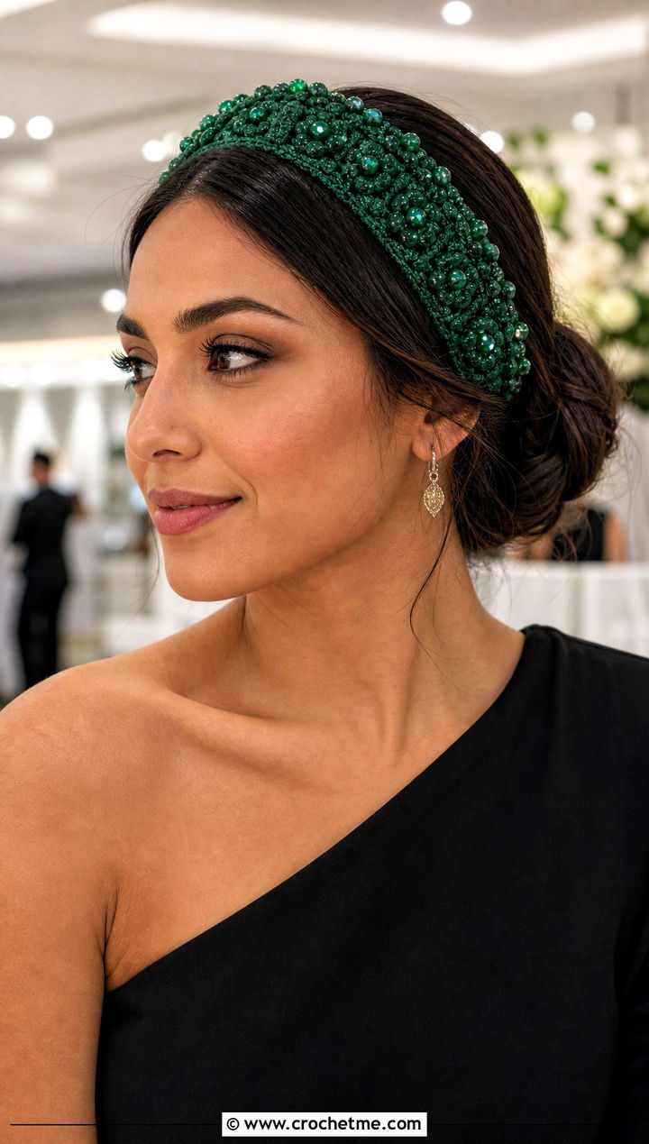 Beaded Green Crochet Headband With Black Jumpsuit And Heels - 30 green crochet headband outfit ideas