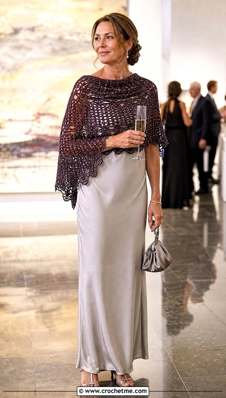 Beaded Half Circle Crochet Shawl With Column Dress - 15 Half Circle Crochet Shawl outfit ideas