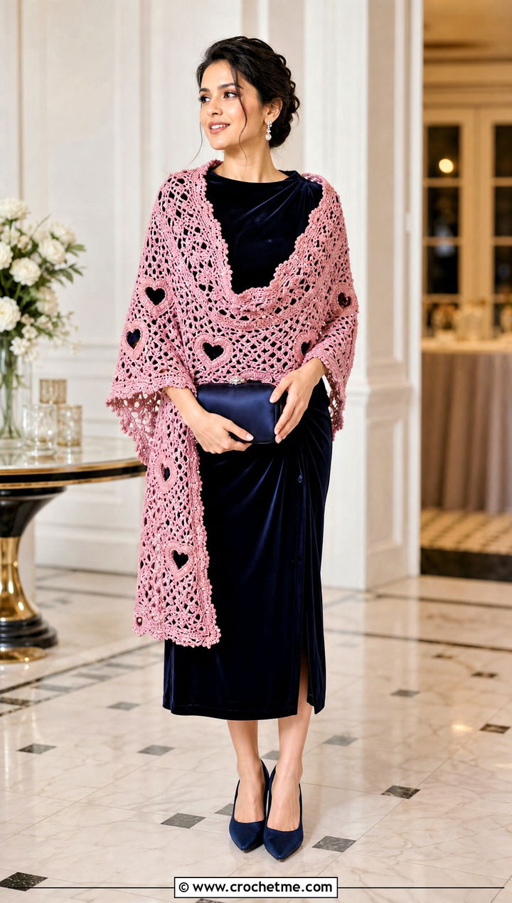 Beaded Heart Crochet Shawl With Velvet Dress - 25 Heart Crochet Shawl outfit ideas