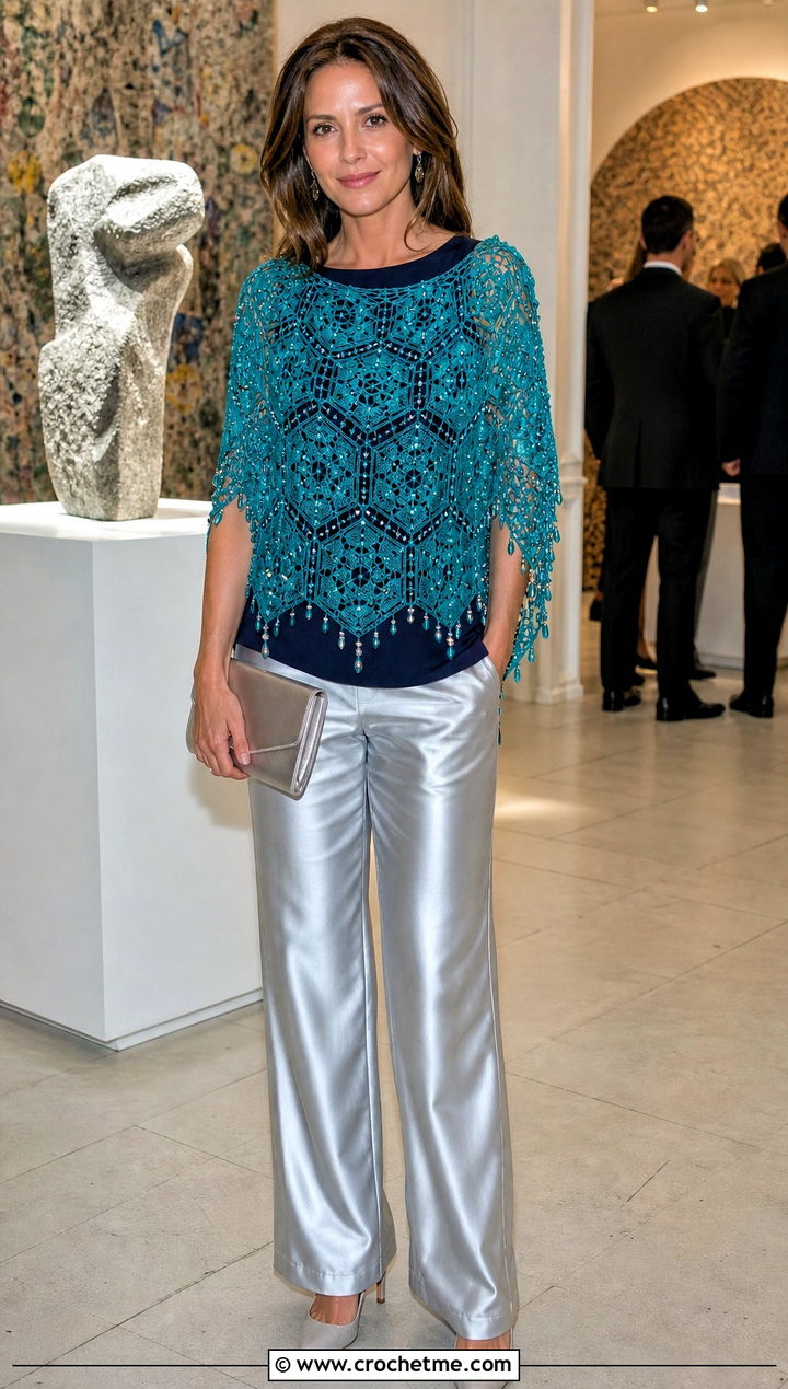Beaded Hexagon Crochet Poncho With Satin Pants - 20 Hexagon Crochet Poncho outfit ideas