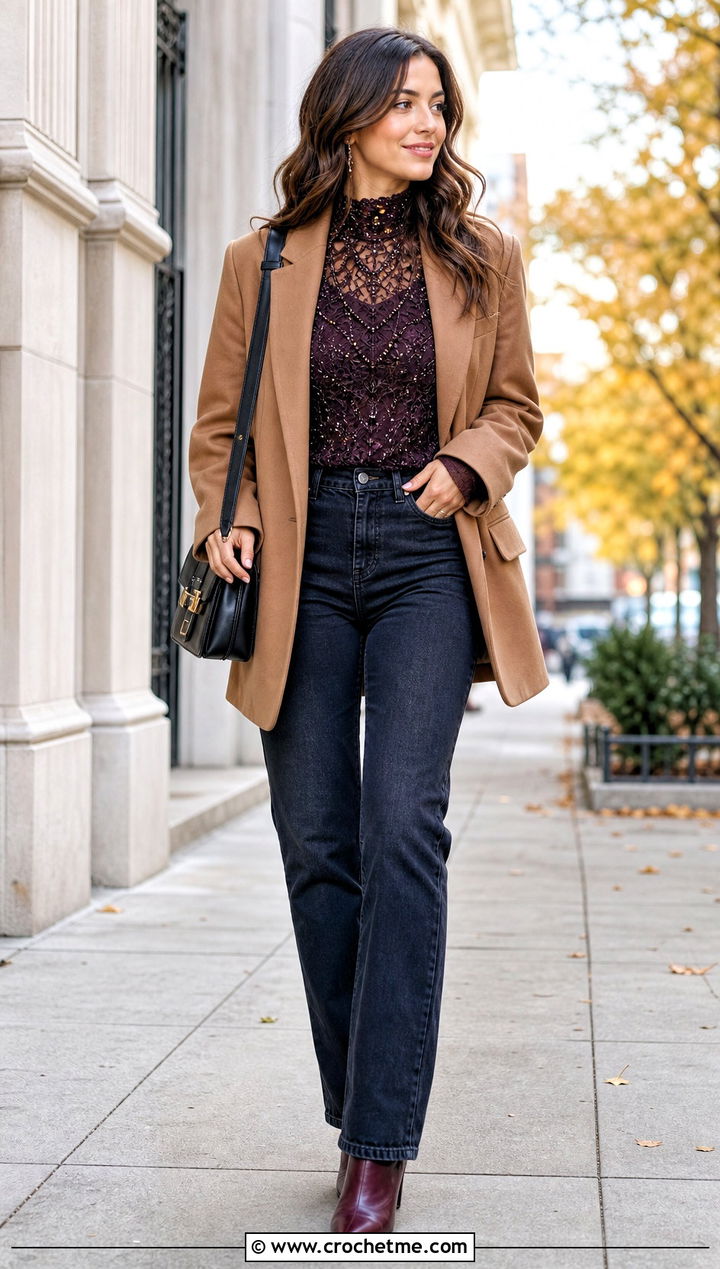 Beaded High Neck Crochet Top With A Blazer And Jeans - 15 crochet lace top with beads outfit ideas
